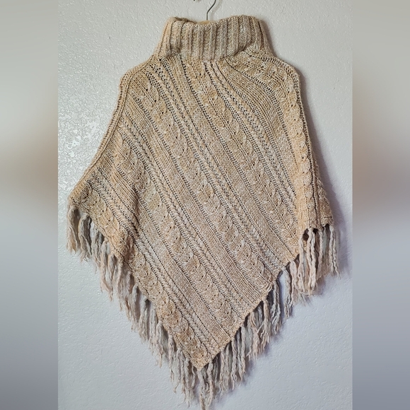 Beige Neutral Cable Knit Poncho with Fringe Hem One Size Asymmetrical Cape - Picture 6 of 7